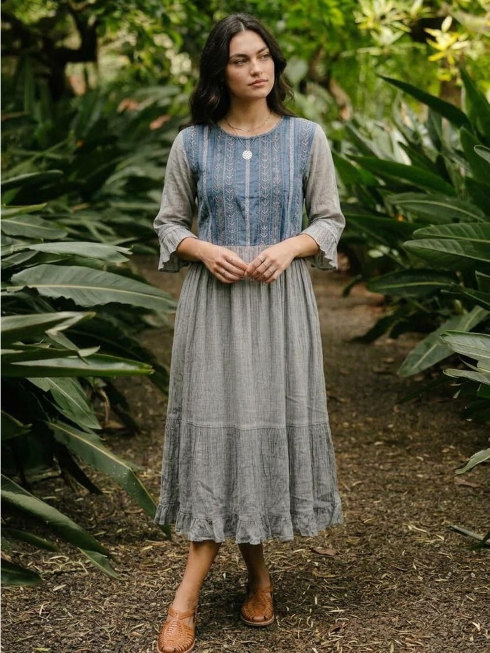 Bohemian Blue & Gray Embroidered Midi Dress